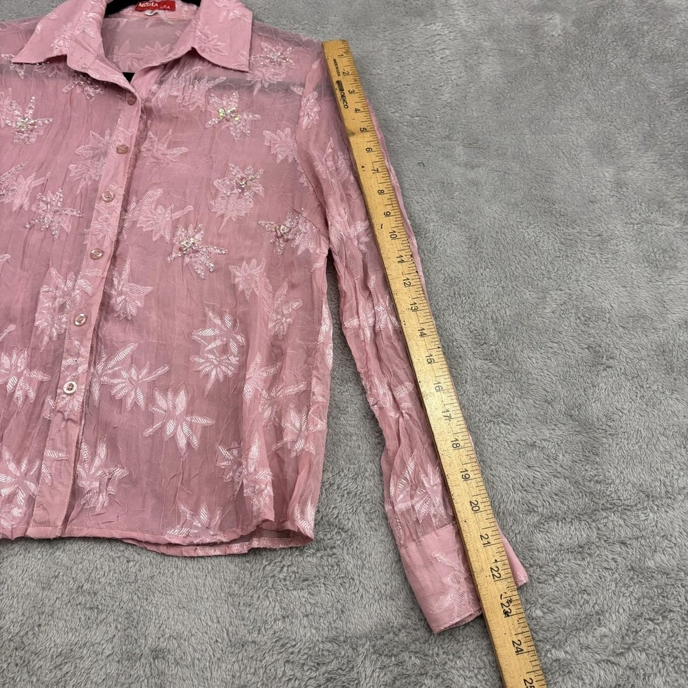 VTG 90s Y2K Sheer Floral Embroidered Beaded Button Up Top Womens S Pink Fairy - Picture 10 of 16